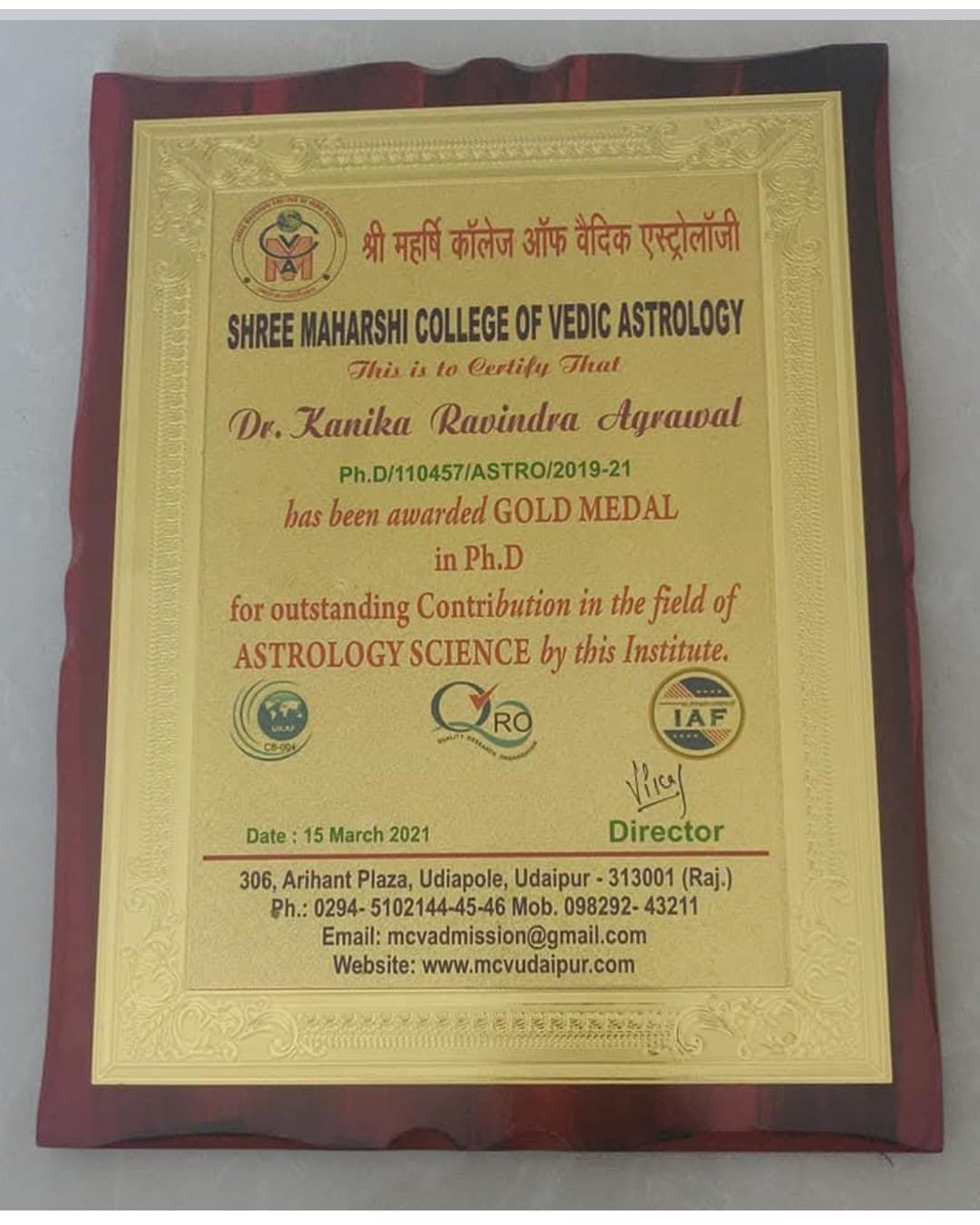 Gold Medal in Astrology Science